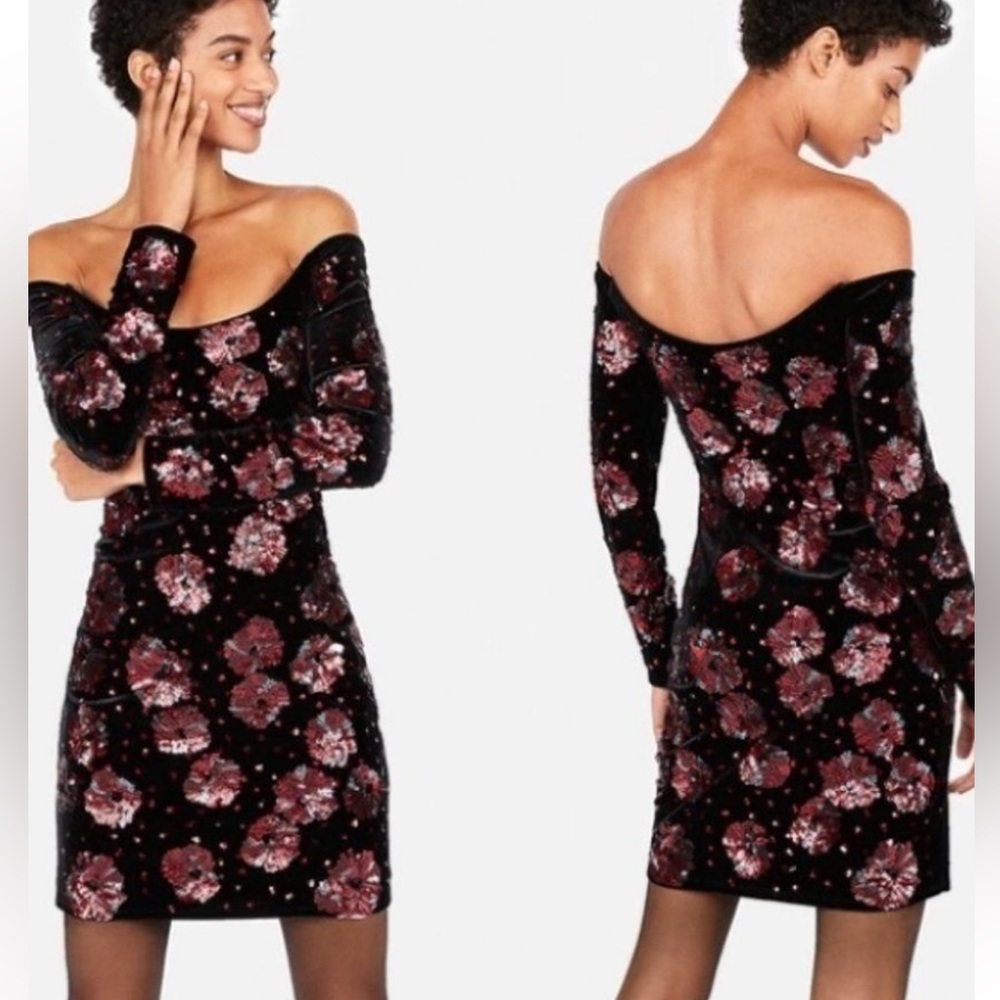 Express Vintage Edition Collection Holiday Sequined Velvet Off Shoulder Dress